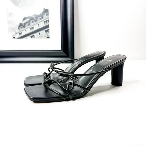 Black Strappy Mid-Heel Sandals - Women's Stylish Mule - Picture 1 of 8